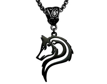 Collier loup celte stylisé en acier inoxydable, or argent ou noir, bélière et chaîne de votre choix