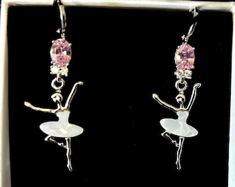 Dancer earrings with black or white mother-of-pearl dress and garnet crystal, emerald, sapphire, amethyst, ballerina jewel, asymmetrical