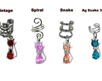 Earcuff crystal cat clip to choose from, small cat earclip, cat earring, jewel ear cuff, choice of clip and stone