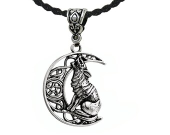 Vintage wolf shout necklace on a Viking silver moon crescent, gift for man or woman, wild animal