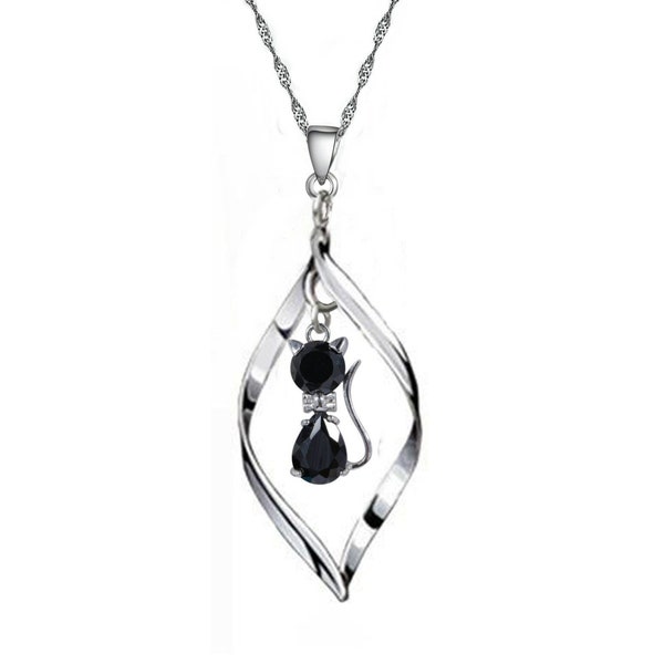 Collier torsade d'argent au chat noir et autres, pierres au  choix