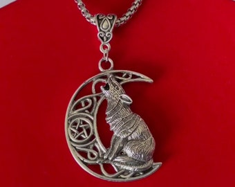 Viking yelling Wolf necklace on star crescent  moon , stainless steel, gold or silver, bail and chain of your choice