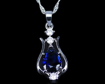 Lyre Elven necklace in silver and sapphire or other crystals, chain of your choice