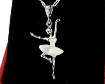 Ballerina dancer princess necklace in black or white mother-of-pearl dress, choice of chain and bail