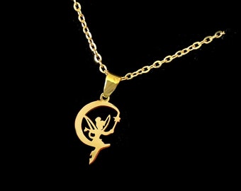Fairy elf princess necklace on a golden crescent moon, gold stainless steel pendant, 3 sizes, bail and chain of your choice