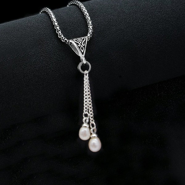 Collier double perles d'eau douce en argent, noire, blanche ou rosée, bélière et chaîne au choix, sur mesure.