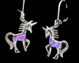 Boucles d'oreille Licorne argent  opale feu vert-bleu-rose nacré,bijou fantastique, cheval d'opale, attaches au choix