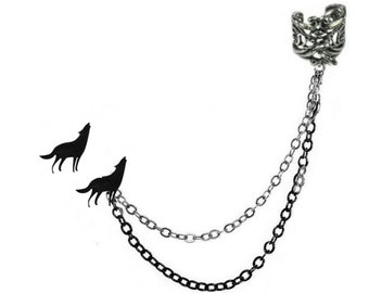 Howling wolf ear cuff on chains with or without wolf earring, 11 models + 11 clips + 3 colors to choose from to combine