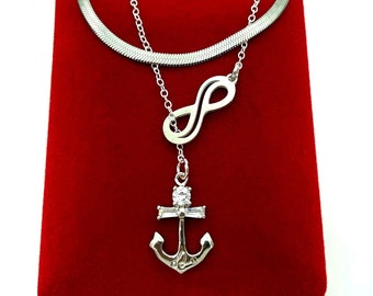 Silver nautical anchor and diamond topaz lasso necklace on double steel infinity