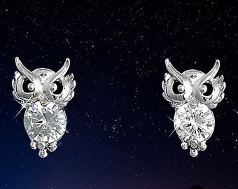 Silver and crystal lucky owl earrings, choice diamond crystal or amethyst
