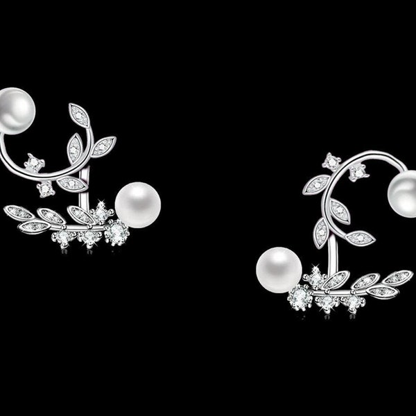 Earrings 2 levels 925 silver leaf pearl, can be worn in many ways, asymmetrical, jewel nature, gift trend