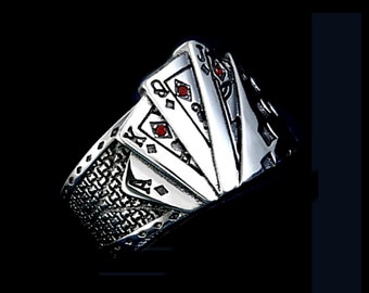 Lucky royal flush ring, adjustable, in stainless steel and zircons