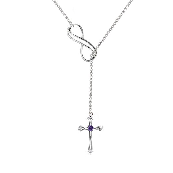 Collier lasso Double infini ou double  cœur à la croix d'argent et au cristal diamant, ou améthyste,6 modèles au choix