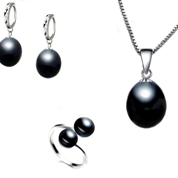 Perla negra de agua dulce engastada en plata 925, joyería de perlas negras naturales, conjunto de perlas de gota de agua negra, anillo ajustable
