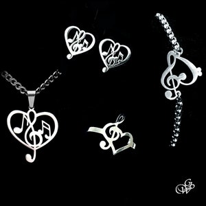 Musical notes adornment set, stainless steel, necklace, earrings, bracelet, ring, several models to choose from