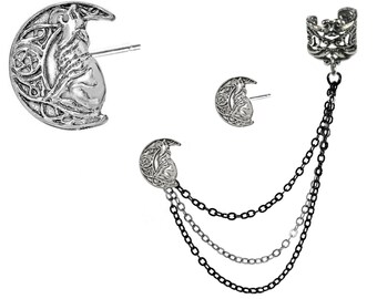 Ear cuff loup viking sur un croissant de lune chaîné, clip et chaînes au choix sur mesure