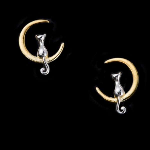 Boucles d'oreille minimalistes Mini Chat d'argent 925 sur un croissant de lune d'or