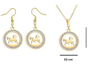 Paard in een cirkel van gouden lichtjes, oorbellen, halsketting of roestvrijstalen versiering, beugel, clip en ketting naar keuze