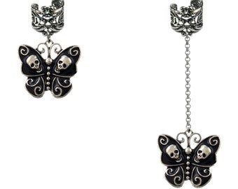 Ear cuff papillon noir tête de mort, modèle et clip au choix