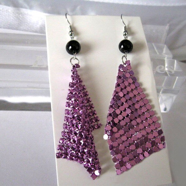 Metal purple  earrings, black draped metal , geometric earring, oversized earrings, pearl choice