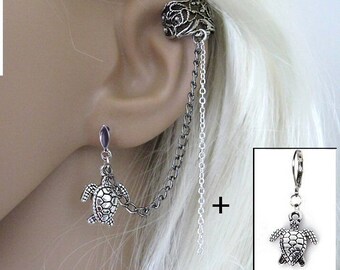 Earcuff vintage silver turtle 2 chain earring, animal jewel, nature gift, turtle earclip