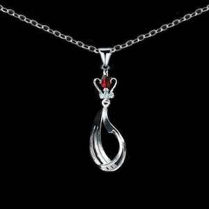 Op de afbeelding: Een zilveren ketting met een hanger in de vorm van een traan met een rode edelsteen aan de bovenkant.