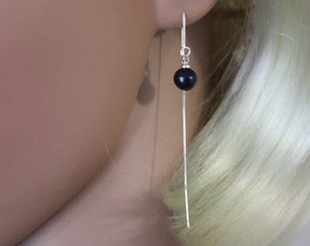 925 silver freshwater pearl earrings,threading earrings,natural pearl jewel, black or white pearl choice, asymmetrical jewel