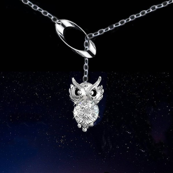 Collier lasso Hibou cristal argent 925,pendentif chouette, collier vénitien porte-bonheur