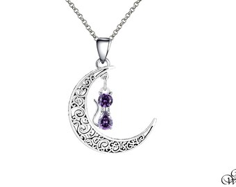 Crystal cat Necklace under a silver crescent moon, stones and chains of your choice