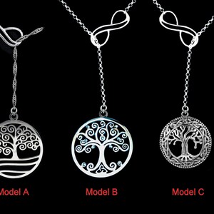 May include: Three silver necklaces with infinity symbol pendants and tree of life charms. Model A has a plain tree of life charm, Model B has a tree of life charm with crystals, and Model C has a tree of life charm with a Celtic knot design.
