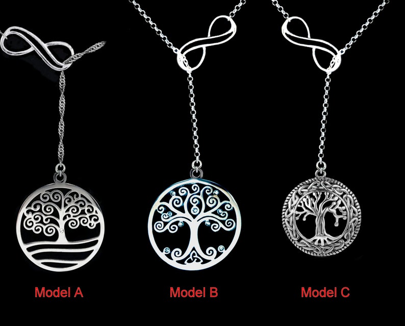 May include: Three silver necklaces with infinity symbol pendants and tree of life charms. Model A has a plain tree of life charm, Model B has a tree of life charm with crystals, and Model C has a tree of life charm with a Celtic knot design.