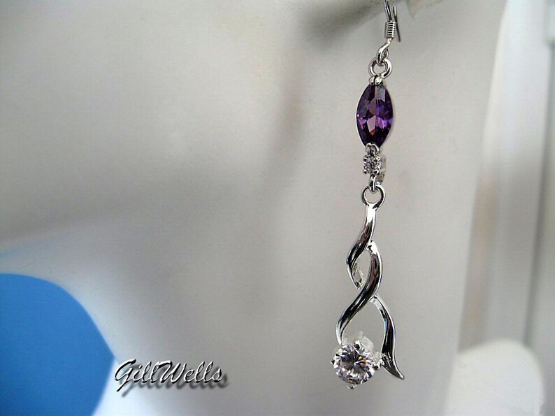 Amethyst marquise silver twisted earring, crystal jewel with emerald choice, blue sapphire, pink topaz image 3