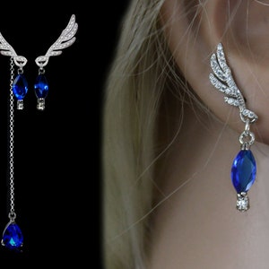 Double side earrings, wing of freedom, asymmetrical marquise crystal, stone of your choice