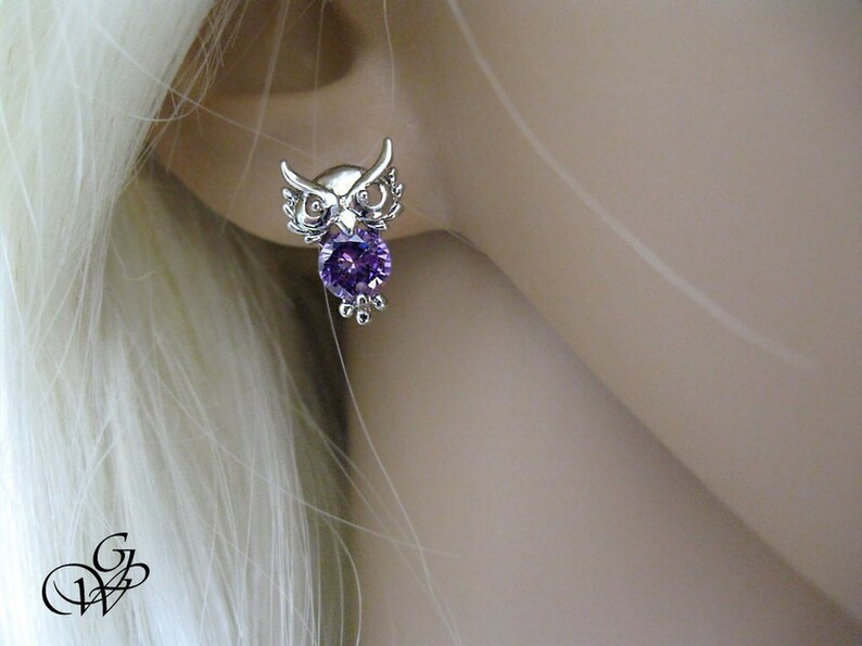 Set crystal owl on crescent moon,owl jewel crescent moon owl earring owl gifts jewel bird lucky charm