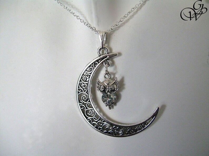 Set crystal owl on crescent moon,owl jewel crescent moon owl earring owl gifts jewel bird lucky charm