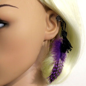 EarCuff Pompon et plume, ear cuff plume violette et pompon noir, choix de la couleur des plumes ,manchette plume image 5