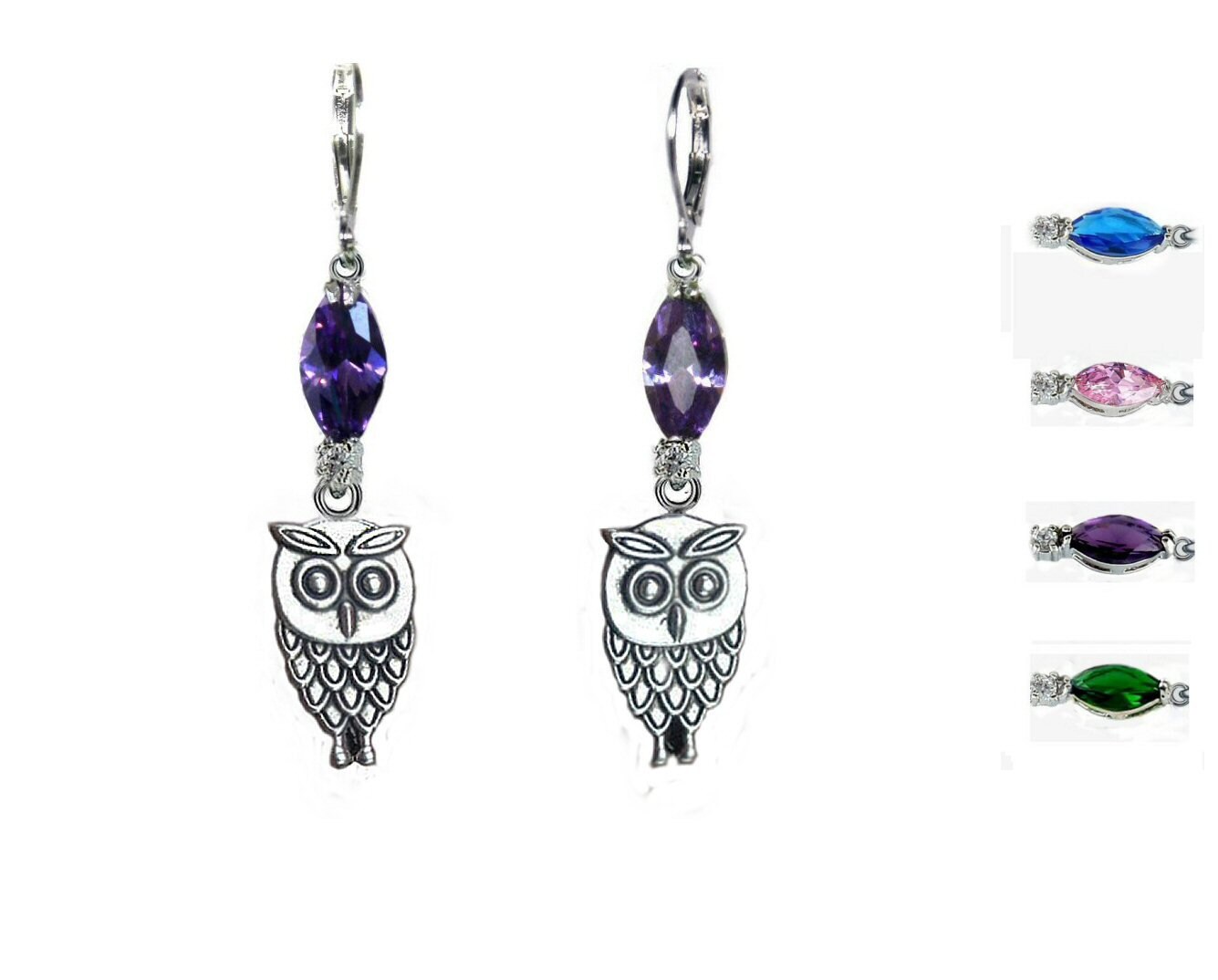 Boucle oreille Hibou argent et cristal,bijou hibou porte-bonheur,marquise améthyste ém