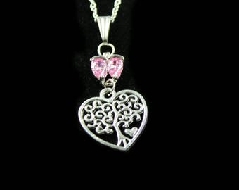 Tree of life heart necklace, and pink topazes, tree of life necklace, pink double heart necklace