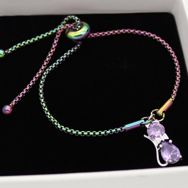 Bracelet réglable au petit chat de cristal, plusieurs modèles et couleur au choix