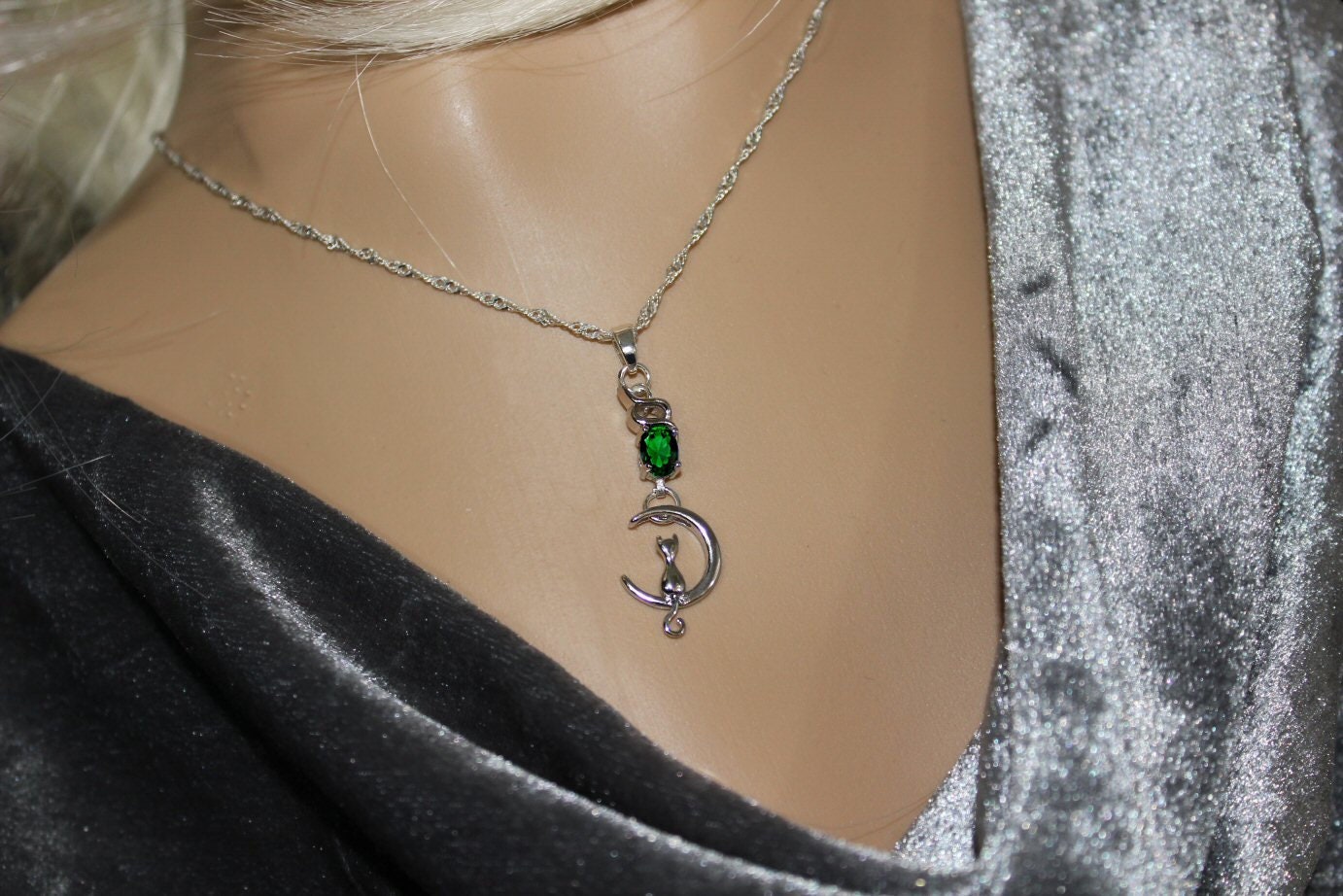 Collier chat assis lune hibou de cristal,bijou petit chat argent 925,cadeau nature,plaisir animal