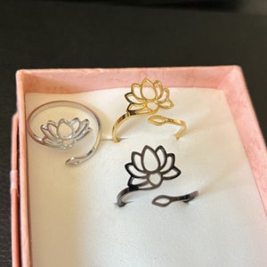 Openwork lotus flower ring, adjustable, in stainless steel, silver, gold or black of your choice image 2