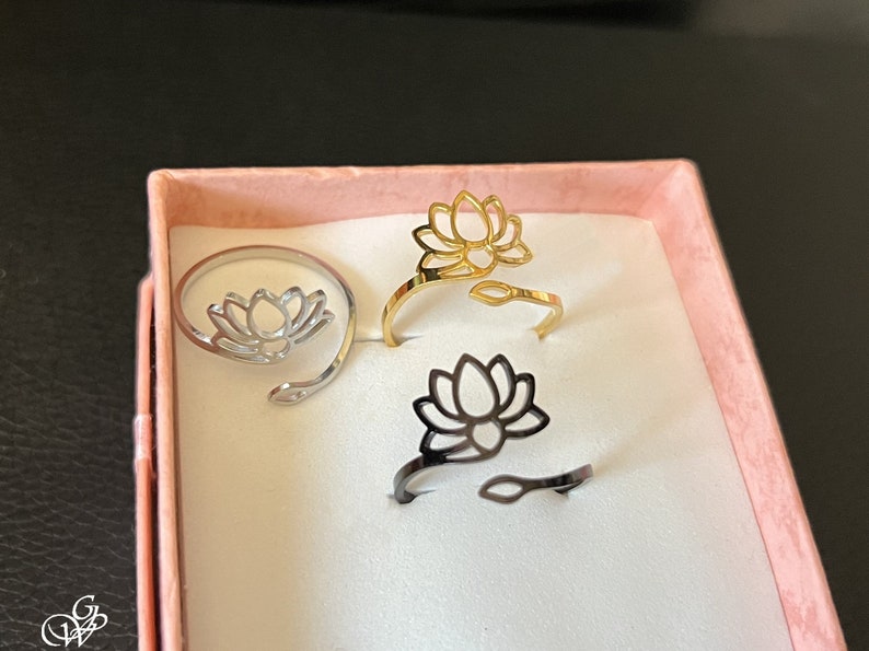 Openwork lotus flower ring, adjustable, in stainless steel, silver, gold or black of your choice image 2