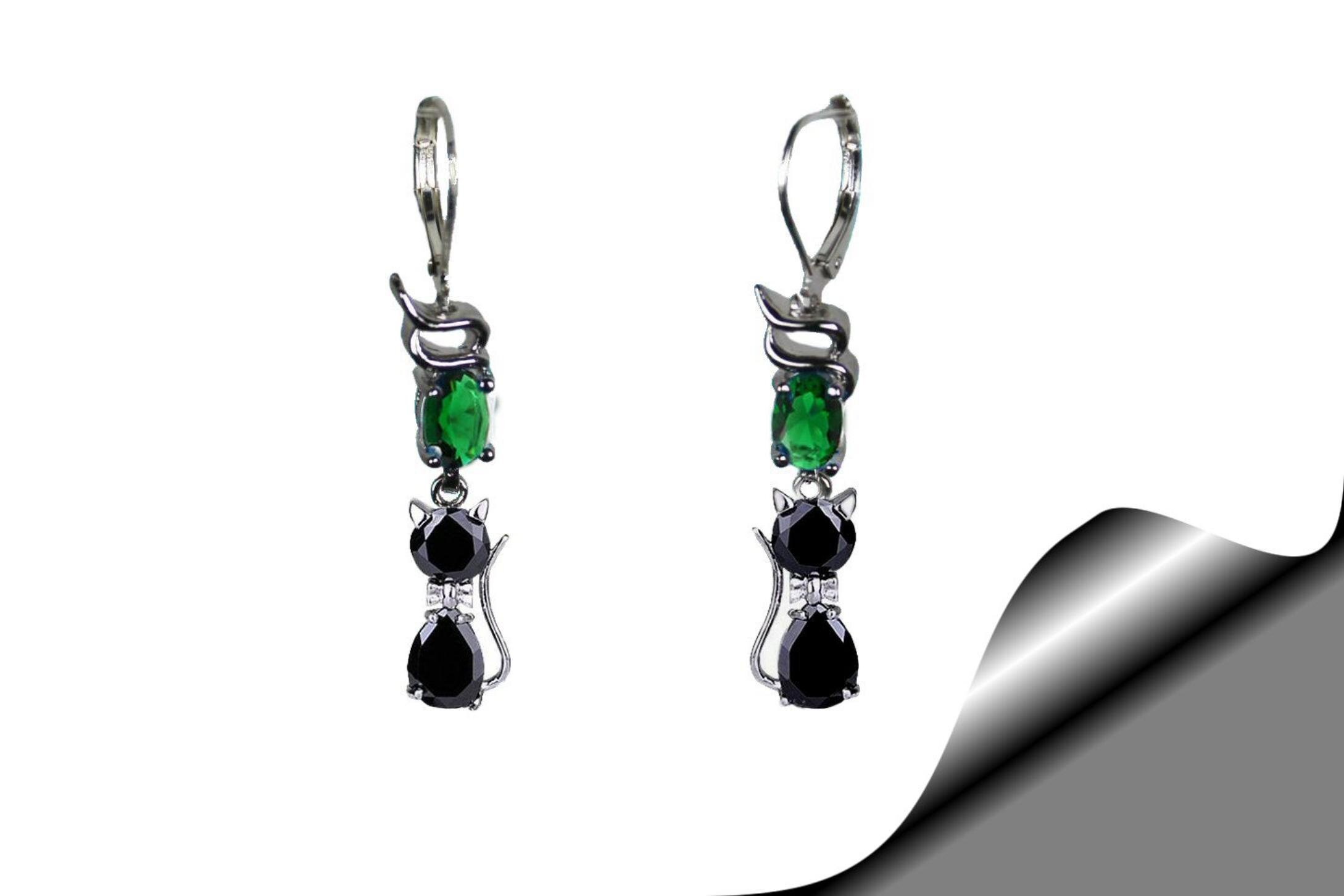 Boucles oreille chat noir hibou cristal,aigue-marine ou autre cristaux,porte-bonheur