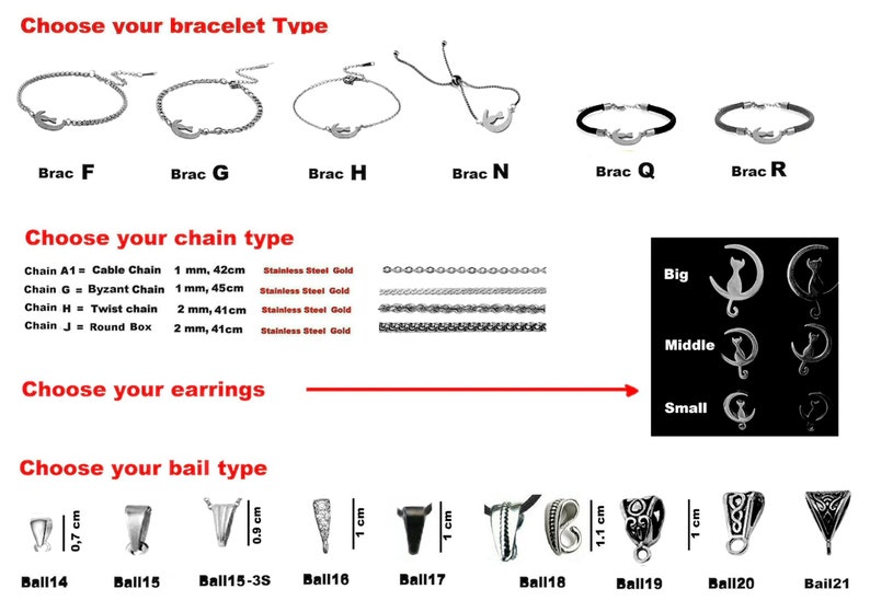 Cat sitting on a crescent moon adornment set, gold filigree steel, necklace, earrings, ring, bracelet to choose image 3