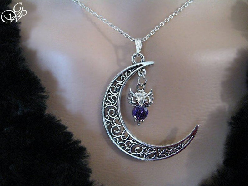 Set crystal owl on crescent moon,owl jewel crescent moon owl earring owl gifts jewel bird lucky charm