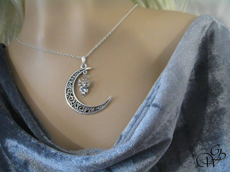 Set crystal owl on crescent moon,owl jewel crescent moon owl earring owl gifts jewel bird lucky charm