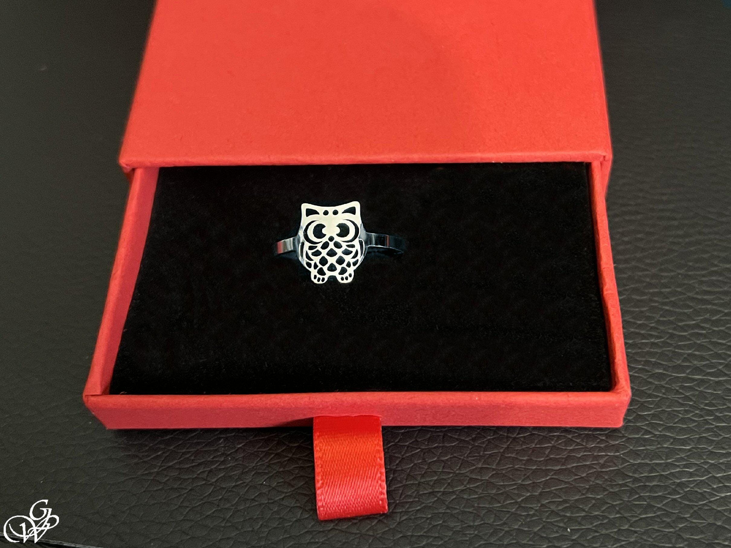 Bague ouverte petit hibou porte-bonheur, ajustable, en acier inoxydable,  argent ou or au choix
