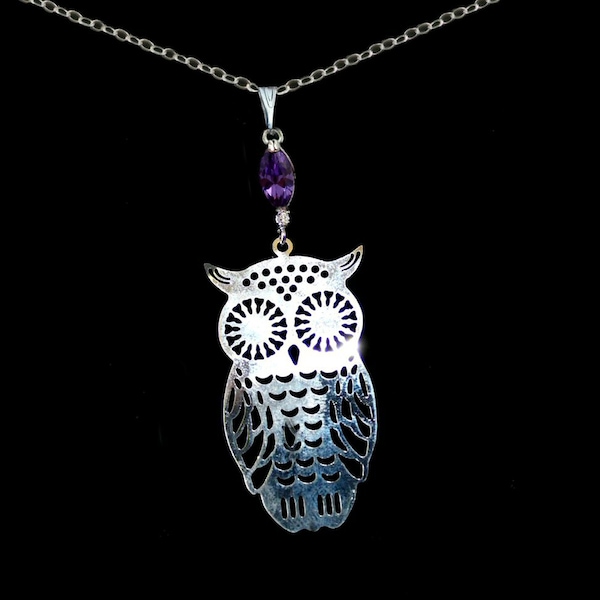 Collier Hibou filigrane porte-bonheur à la marquise de cristal, couleur au choix