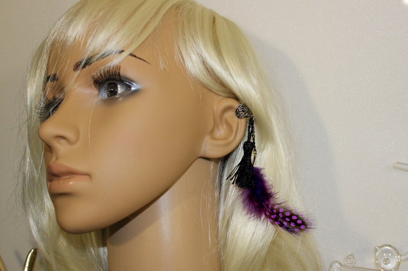 EarCuff Pompon et plume, ear cuff plume violette et pompon noir, choix de la couleur des plumes ,manchette plume image 6