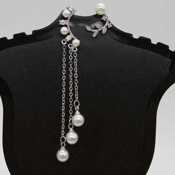 925 sterling silver asymmetrical multi pearl earring, 3 chains, trend